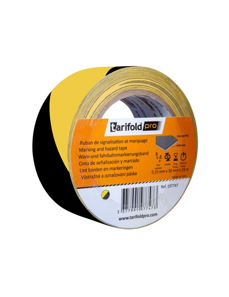 Cinta adhesiva tarifold seguridad para marcaje y señalizacion de suelo 33 mt x 50 mm color negro/amarillo