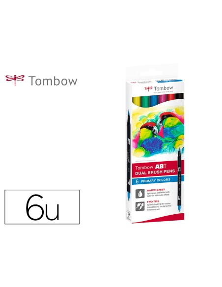 Rotulador tombow abt dual brush acuarelable doble punta fina/pincel estuche de 6 colores primarios