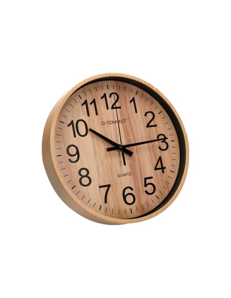Reloj q-connect de pared de plastico redondo 25,7 cm movimiento silencioso color madera natural