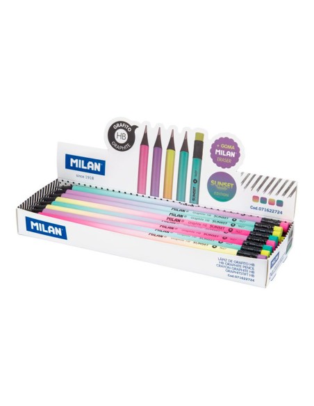 Lapices de grafito milan sunset hb madera negra de tilo con goma de borrar colores surtidos