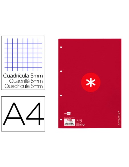 Recambio a4 antartik 80 hojas 90g/m2 cuadro 5 mm 4 taladros 1 banda marco color frambuesa