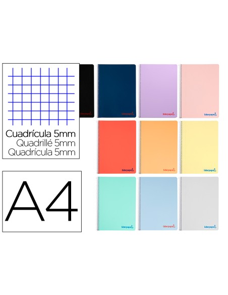 Cuaderno espiral liderpapel a4 wonder tapa plastico 80h 90gr cuadro 5mm con margen colores surtidos