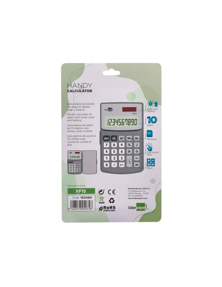 Calculadora liderpapel bolsillo xf15 10 digitos con tapa solar y pilas color gris 123x75x12 mm