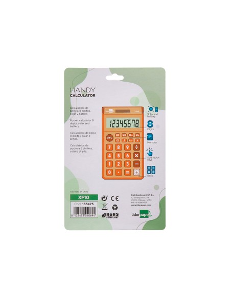 Calculadora liderpapel bolsillo xf10 8 digitos solar y pilas color naranja 115x65x8 mm
