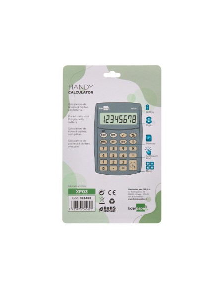 Calculadora liderpapel bolsillo xf03 8 digitos pilas color gris 99x64x9 mm