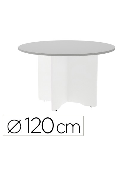 Mesa de reunion rocada redonda 3006aw02 estructura madera en aspas color blanco tablero gris 120cm diametro