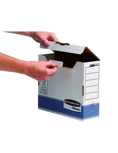 Caja archivo definitivo fellowes a4 carton reciclado 100% lomo 100 mm montaje automatico color azul