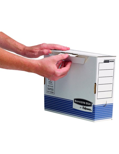 Caja archivo definitivo fellowes a4 carton reciclado 100% lomo 100 mm montaje automatico color azul