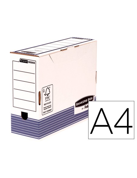 Caja archivo definitivo fellowes a4 carton reciclado 100% lomo 100 mm montaje automatico color azul