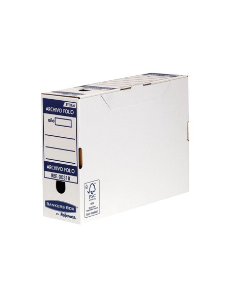Caja archivo definitivo fellowes folio carton reciclado 100% lomo 100 mm montaje automatico color azul