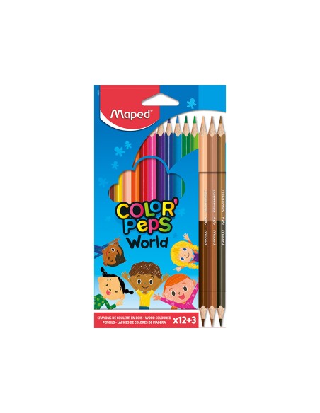 Lapices de colores maped color peps world caja de 12 colores surtidos + 3 duo tonos de piel