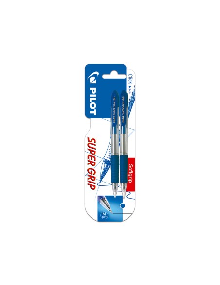 Boligrafo pilot super grip azul retractil sujecion de caucho tinta base de aceite en blister de 2 unidades