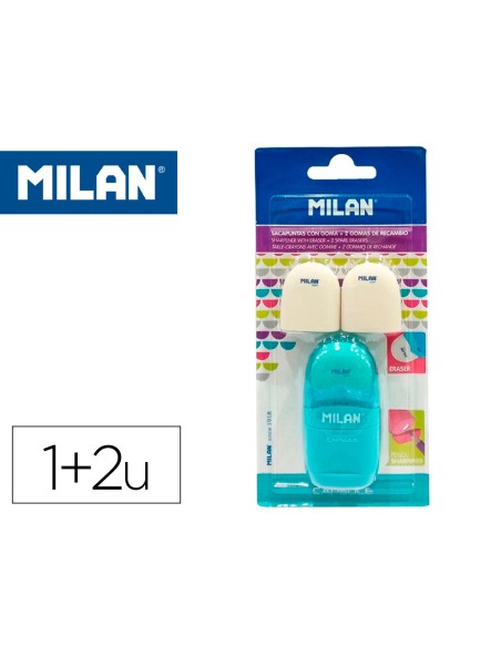 Sacapuntas milan capsule plastico 1 uso con goma + 2 recambios de goma en blister